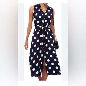 Talbots Blue and White Polka Dot Button Down Sleeveless Midi Dress